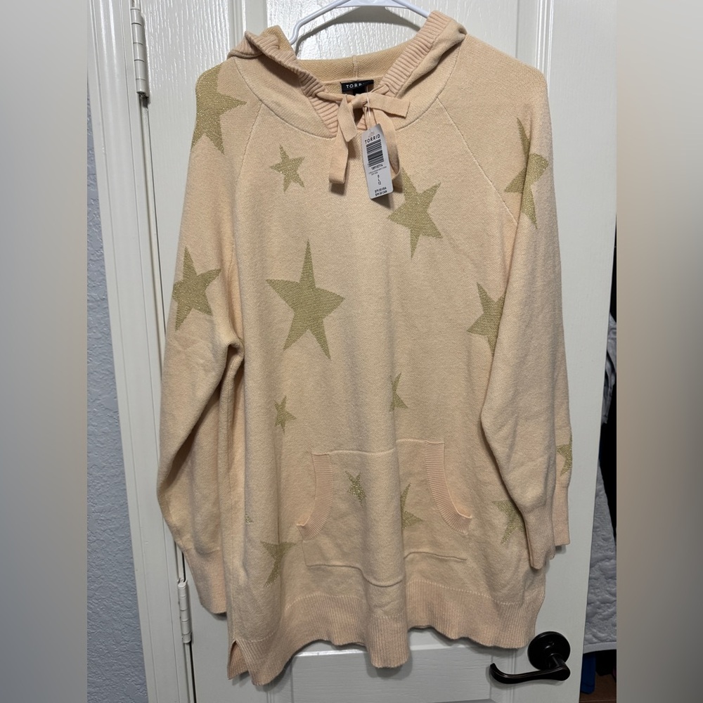 Torrid NWT Metallic Glitter Gold Star Jacquard Pullover Hoodie Longline Sweater